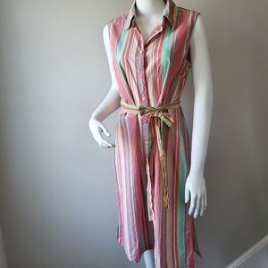 April Comell colorful sleeveless button up shirt dress with belted waist. Size M